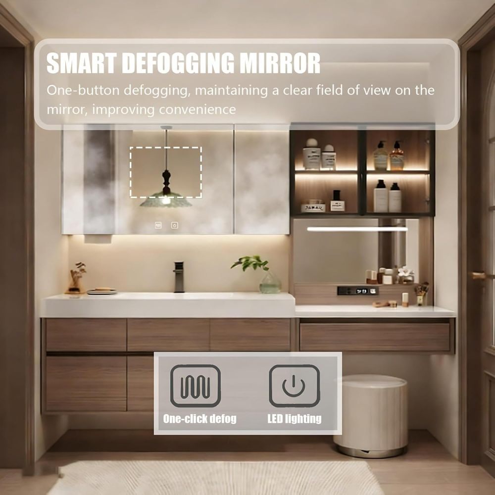 62IN Modern Bathroom Vanity with Sink - Modern Double Floating Sink Design, Bathroom Vanity Cabinet with Large Storage Space & Chair, Solid Wood - Complete Accessories, White Mirror Cabinet