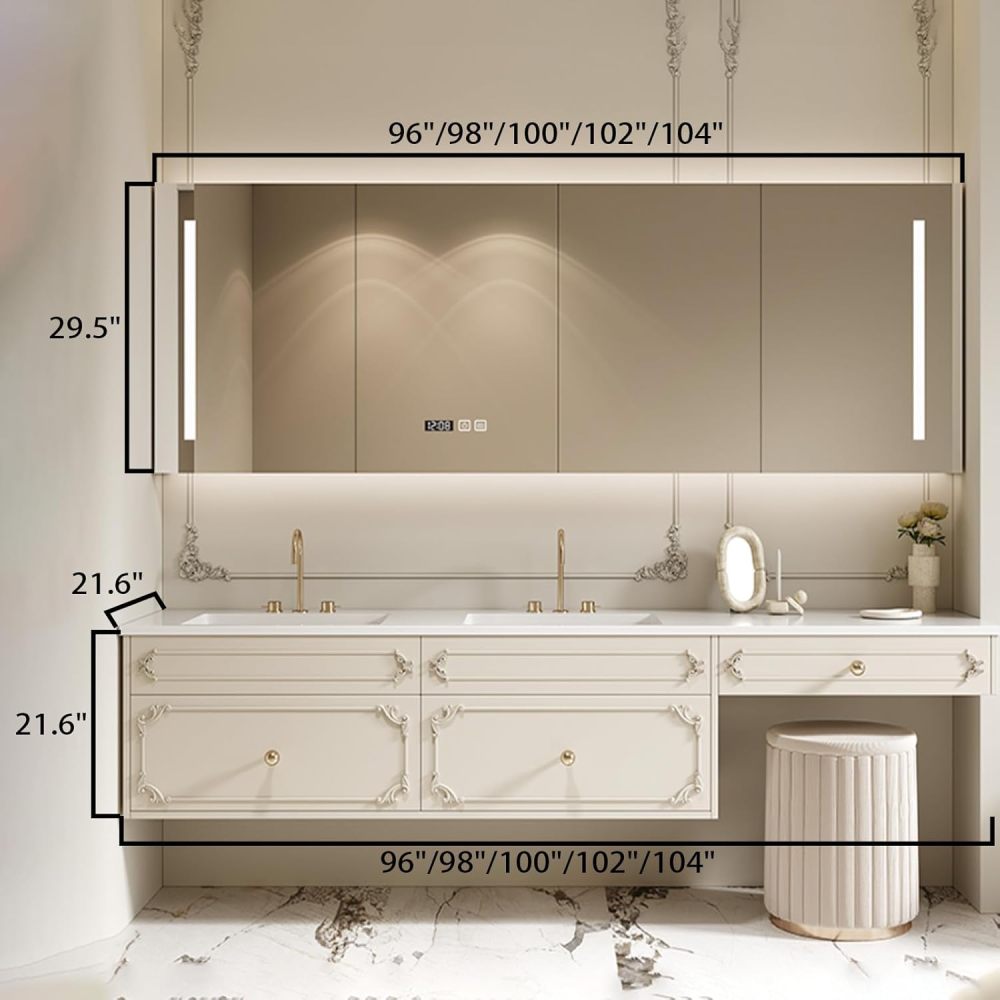 104IN Bathroom Vanity with Sink - Modern Floating Vanity with Makeup Chair, Bathroom Sink Cabinet, Large Storage Space, Solid Wood, Customizable Size - Complete Accessories White