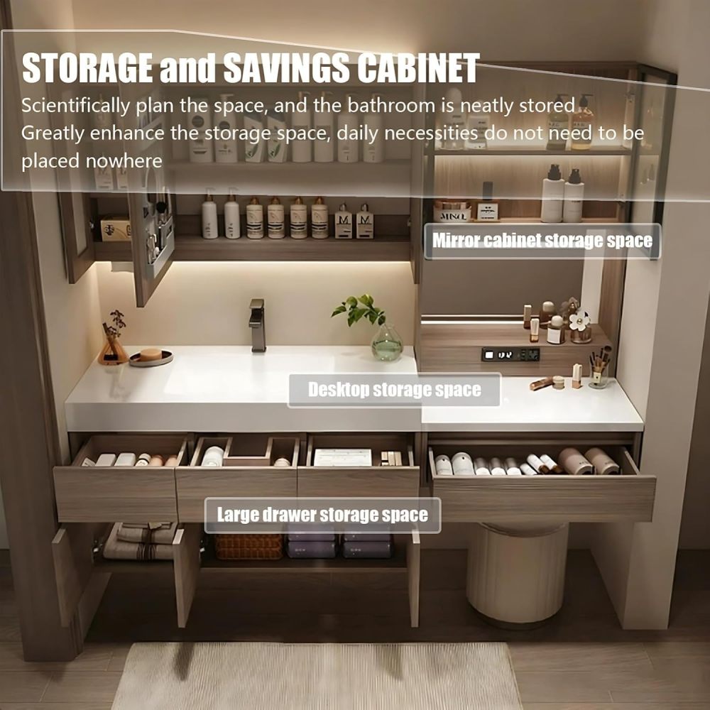 62IN Modern Bathroom Vanity with Sink - Modern Double Floating Sink Design, Bathroom Vanity Cabinet with Large Storage Space & Chair, Solid Wood - Complete Accessories, White Mirror Cabinet