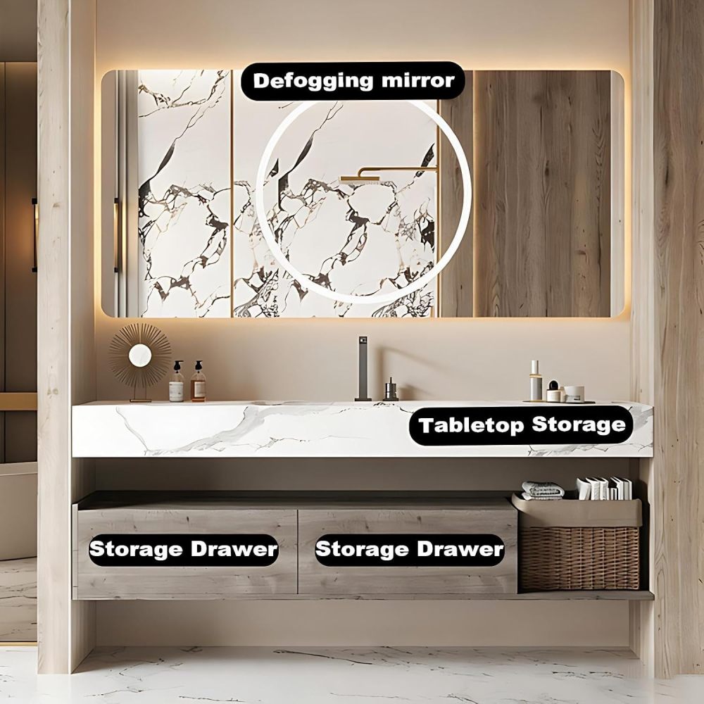 40IN Bathroom Vanity with Sink - Bathroom Vanity with Intelligent Defogging Mirror, Single Floating Sink Design, Multi-Layer Solid Wood, Large Drawer Storage, Customizable Size, Mirror
