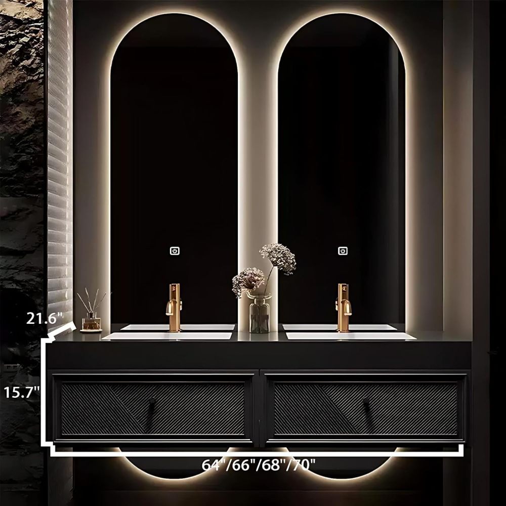 66IN Bathroom Vanity with Sink - Bathroom Vanity Cabinet with Smart Anti-Fog Mirror, Double Floating Sink, Multi-Layer Solid Wood, Customizable Size - Complete Accessories, Black