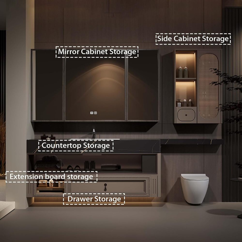 88IN Bathroom Vanity with Sink - Modern Single Bathroom Sink Cabinet, Floating Sink Design, Multi-Layer Solid Wood, Intelligent Defogging, Custom Size - Complete Accessories, Cabinet Mirror