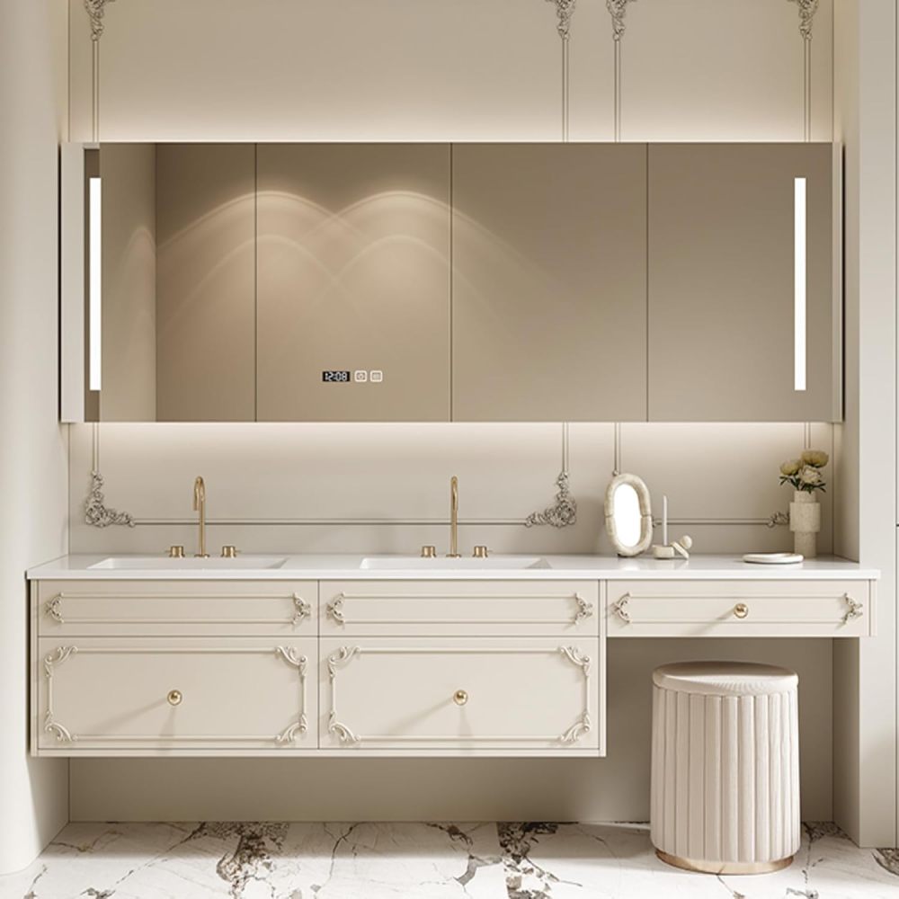 104IN Bathroom Vanity with Sink - Modern Floating Vanity with Makeup Chair, Bathroom Sink Cabinet, Large Storage Space, Solid Wood, Customizable Size - Complete Accessories White