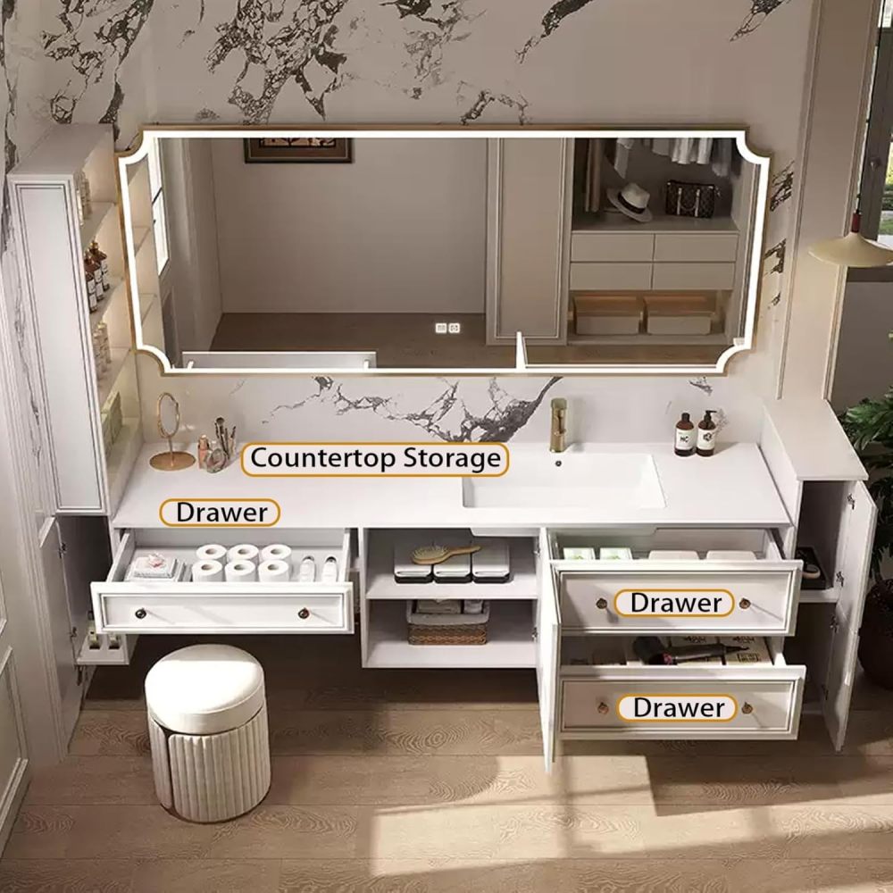 86IN Bathroom Vanity with Sink - Modern Bathroom Sink Cabinet with Makeup Chair, Floating Vanity, Intelligent Defogging, Extra Large Storage Space - Complete Accessories, Black