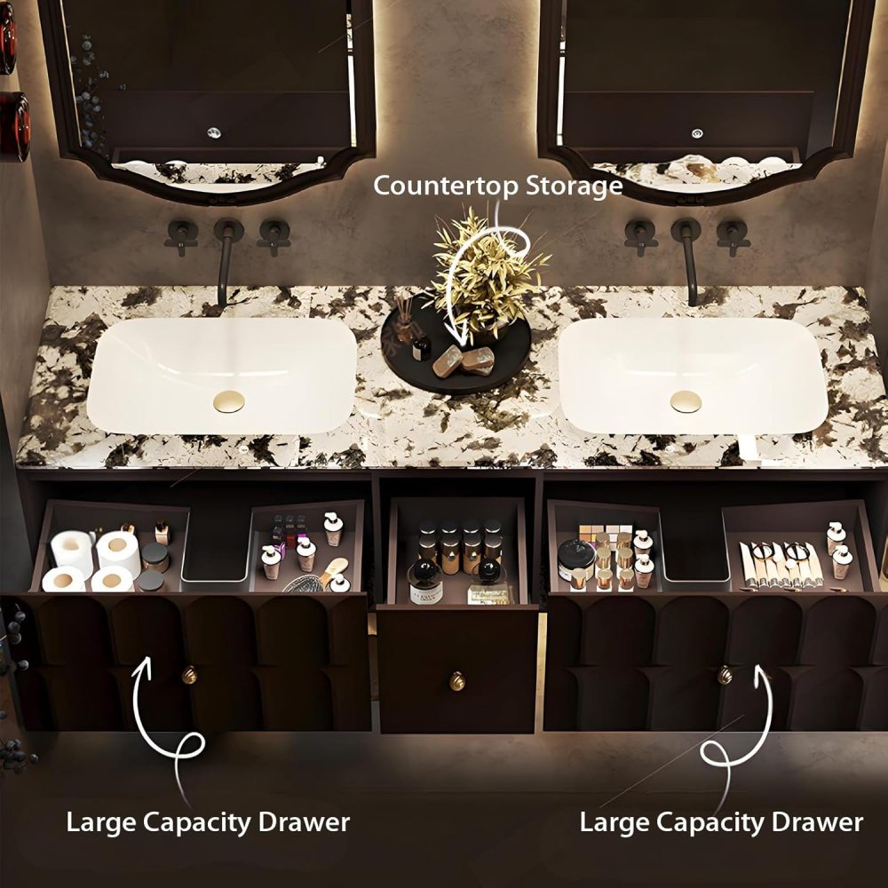 100IN Bathroom Vanity with Sink - Double Vanity Cabinet with Smart Defrosting Mirror, Bathroom Sink Cabinet Double Layer Solid Wood, Custom Size - Complete Accessories Brown