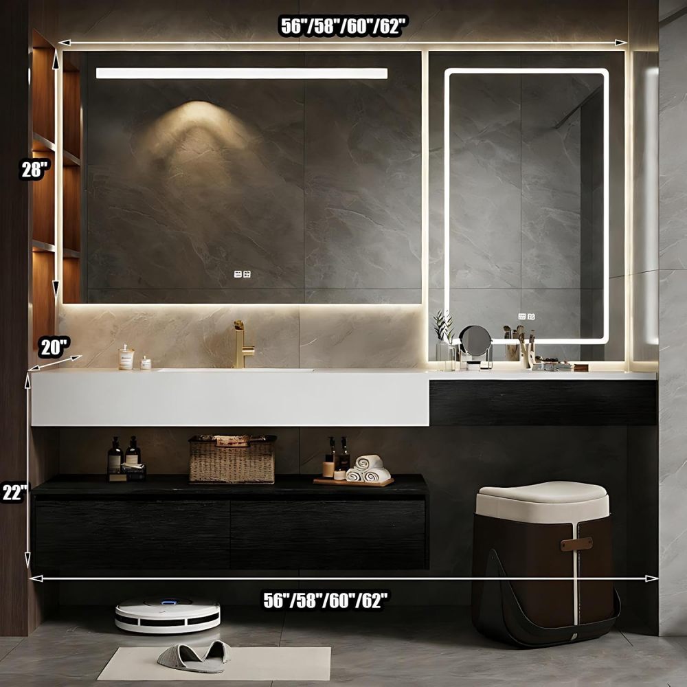94IN Modern Bathroom Vanity with Sink - Fashion Floating Sink Design, Bathroom Vanity Cabinet with Smart Defogging Mirror & Large Storage Space, Chair - Complete Accessories, Mirror 3