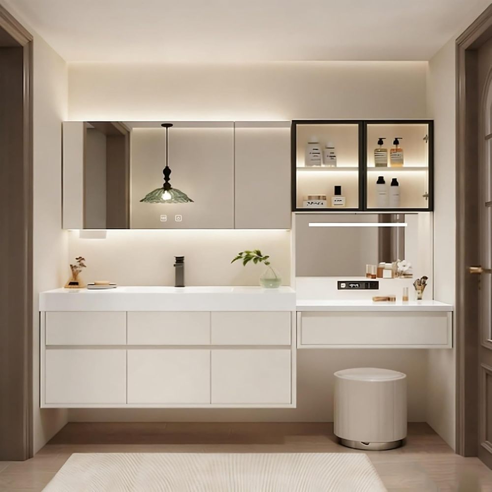62IN Modern Bathroom Vanity with Sink - Modern Double Floating Sink Design, Bathroom Vanity Cabinet with Large Storage Space & Chair, Solid Wood - Complete Accessories, White Mirror Cabinet