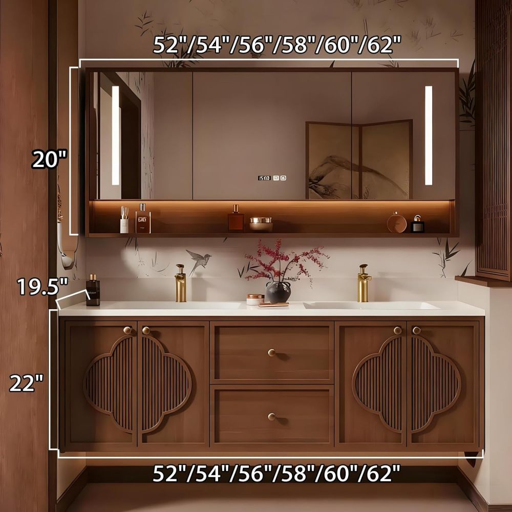 56IN Bathroom Vanity with Sink - Modern Single|Double Sink Vanity with Smart Defogging Mirror, Bathroom Sink Cabinet, Storage Space, Customizable Sizes - Complete Accessories Double Sink