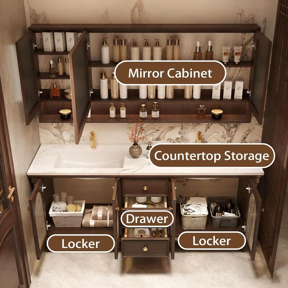 56IN Bathroom Vanity with Sink - Single|Double Sink Vanity with Smart Defog Mirror, Solid Wood Bathroom Cabinet, Large Storage Space, Custom Sizes - Complete Accessories Double Slot