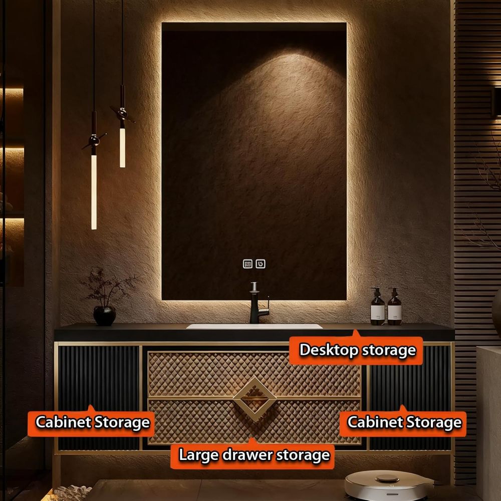 60IN Bathroom Vanity with Sink - Single|Double Floating Vanity with Smart Defrosting Mirror, Solid Wood Bathroom Sink Cabinet, Custom Complete Accessories, Single Sink