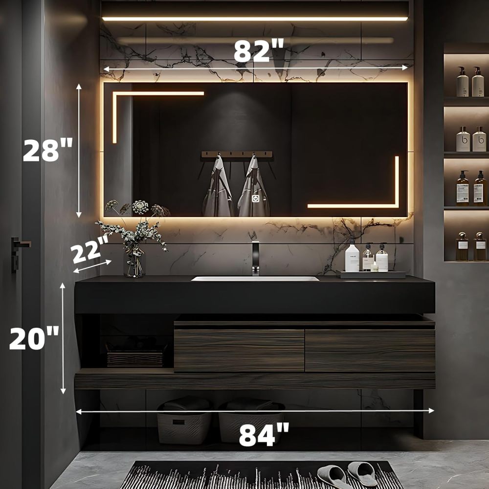 Bathroom Vanity with Sink - Modern Floating Vanity with Sintered Stone Countertop and LED Anti-Fog Mirror, Premium Solid Wood Bathroom Sink Cabinet, Easy Assembly, Ample Storage (84")