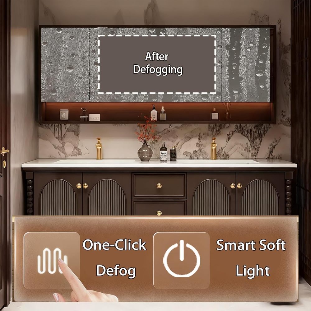 56IN Bathroom Vanity with Sink - Single|Double Sink Vanity with Smart Defog Mirror, Solid Wood Bathroom Cabinet, Large Storage Space, Custom Sizes - Complete Accessories Double Slot