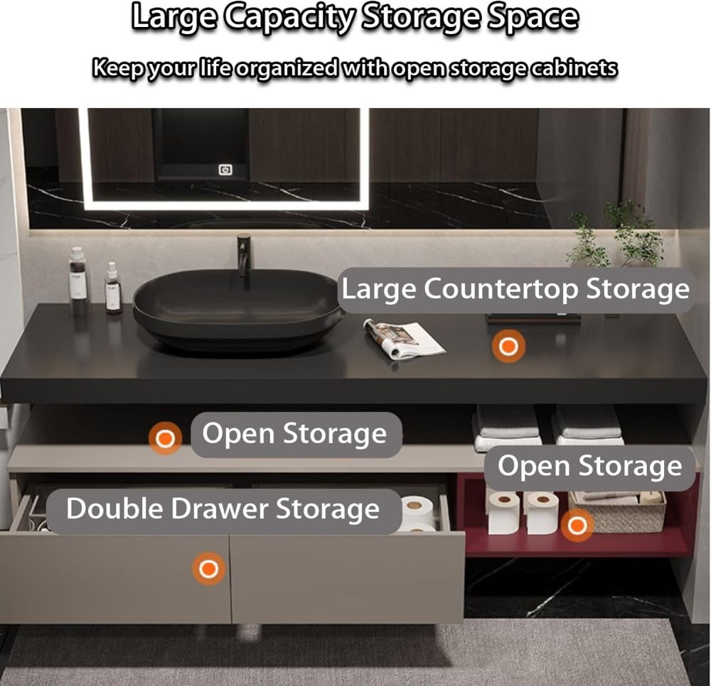Bathroom Vanity with Sink - Modern Floating Vanity with Smart Defogging Mirror, Solid Wood Bathroom Sink Cabinet, Large Storage Space, Custom Sizes - Complete Accessories