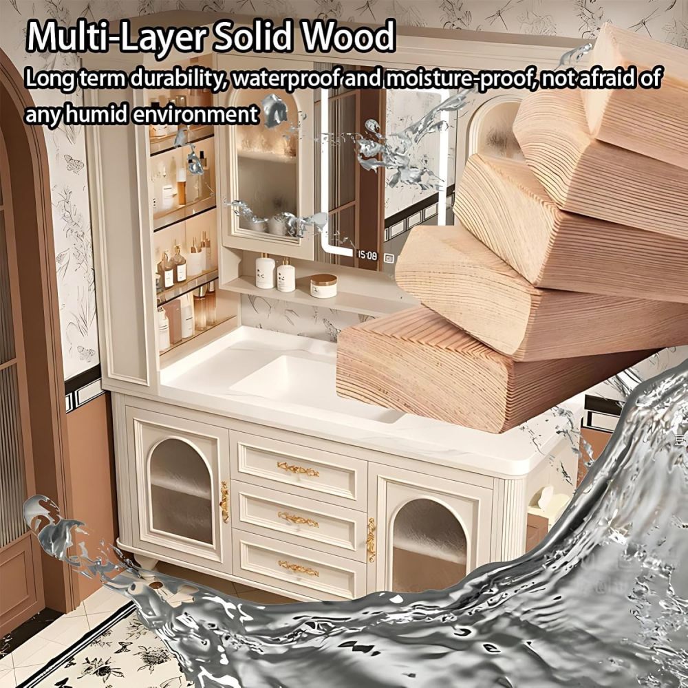 Bathroom Vanity with Sink - Floor-Standing Bathroom Vanity Cabinet with Intelligent Defogging, Solid Wood, Large Storage Space, Customizable Sizes - Complete Accessories