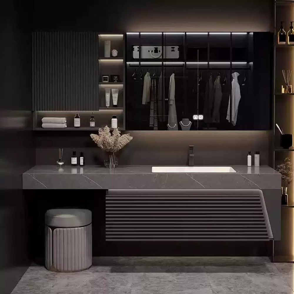 86IN Bathroom Vanity with Sink - Floating Vanity with Makeup Chair, Bathroom Sink Cabinet, Intelligent Defogging, Convenient Storage, Custom Sizes - Complete Accessories Gray