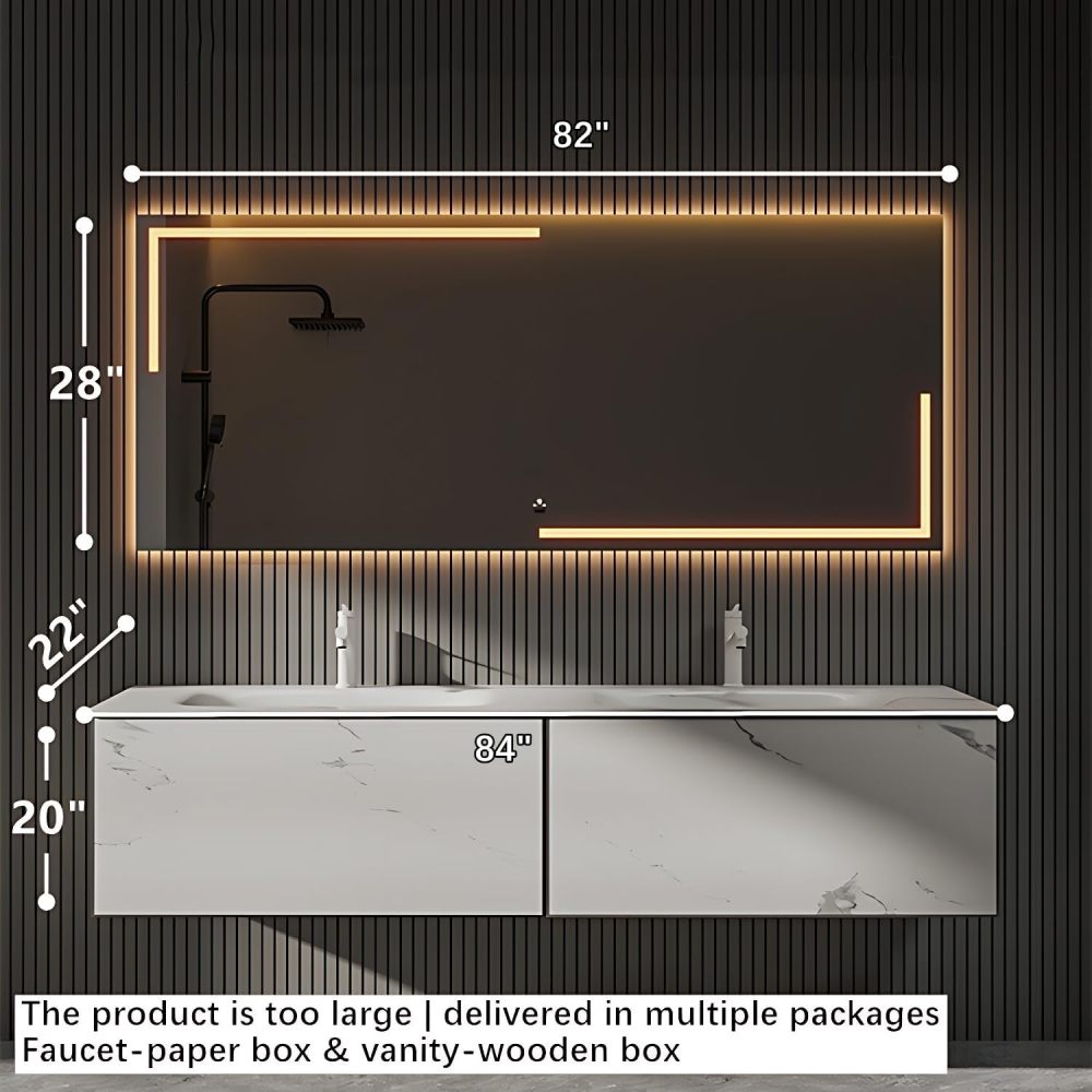 Bathroom Vanity with Sink - Wall Mounted Double Sink Bathroom Vanity Cabine, Modern Floating Vanity & LED Anti-Fog Mirror, Optimized Storage Solutions, Faucet Accessories Included (84")