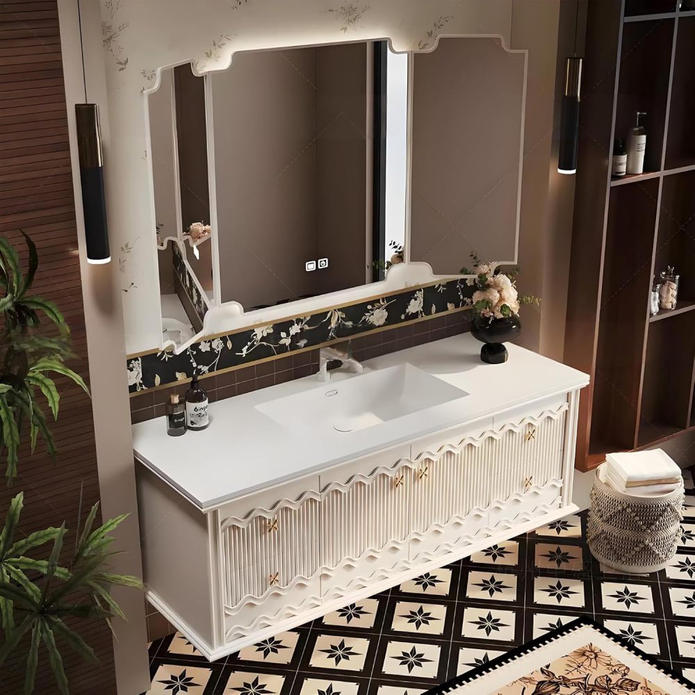 74IN Bathroom Vanity with Sink - Solid Wood Hanging Bathroom Vanity, Defog Mirror, 4 Storage Drawers, Customizable Size, No Assembly Required Style B