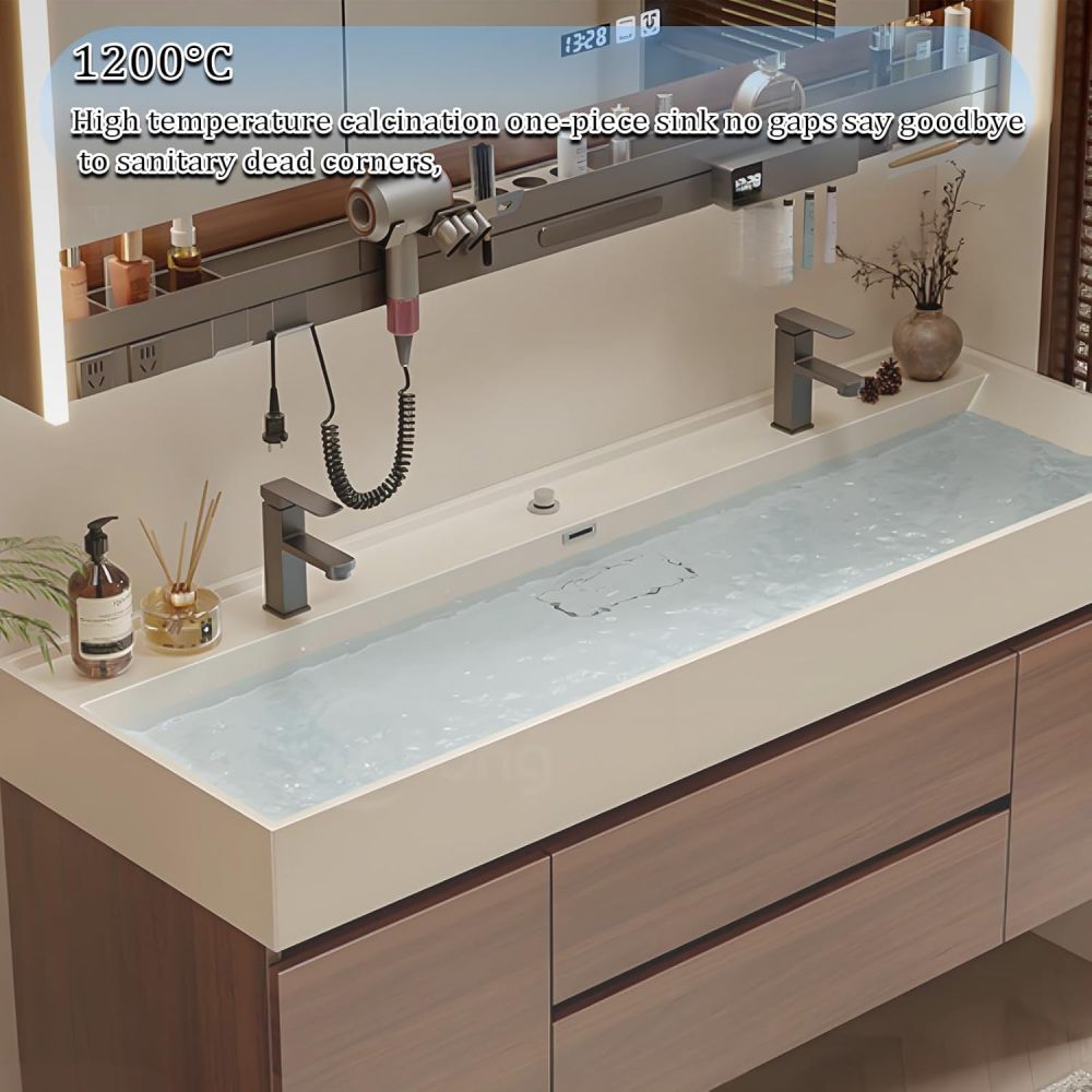 62IN Bathroom Vanity with Sink - Modern Double Vanity with Smart Defrosting Mirror, Bathroom Sink Cabinet, Large Storage Space, Customizable Sizes - Complete Accessories, Brown