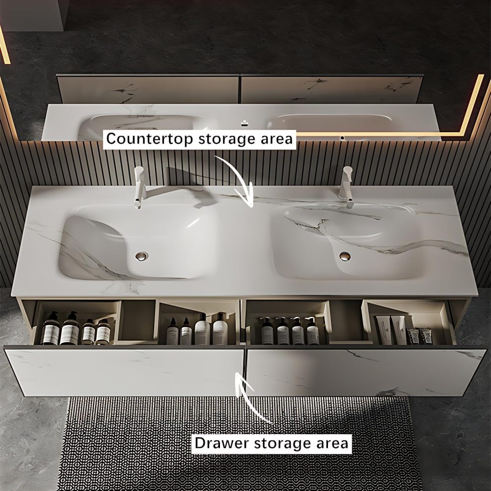 Bathroom Vanity with Sink - Wall Mounted Double Sink Bathroom Vanity Cabine, Modern Floating Vanity & LED Anti-Fog Mirror, Optimized Storage Solutions, Faucet Accessories Included (84")