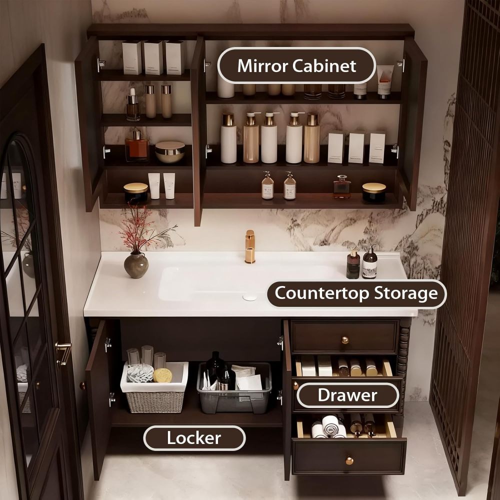 48IN Bathroom Vanity with Sink - Multi-Layered Solid Wood Bathroom Vanity Cabinet, Farmhouse Floating Vanities with Anti-Fog Mirror, Custom Size - Complete Accessories, Mirror Cabinet