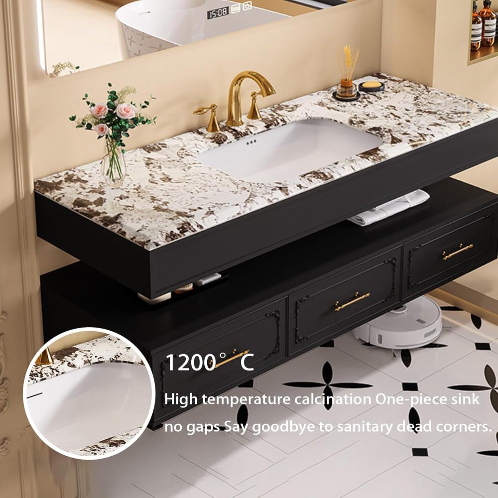 96IN Bathroom Vanity with Sink - Solid Wood Floating Bathroom Vanity, Smart Defrosting Mirror, 3 Storage Drawers Extra Large Storage Space, Customizable Sizes,Black