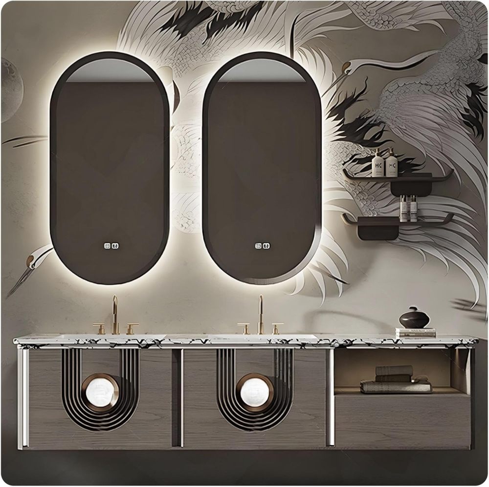 74IN Bathroom Vanity with Sink - Bathroom Sink Cabinet Easy to Clean, Wall-Mounted Stylish Bathroom Vanity Cabinet, Anti-Fog Mirror, Custom Size Option - Complete Accessories Brown
