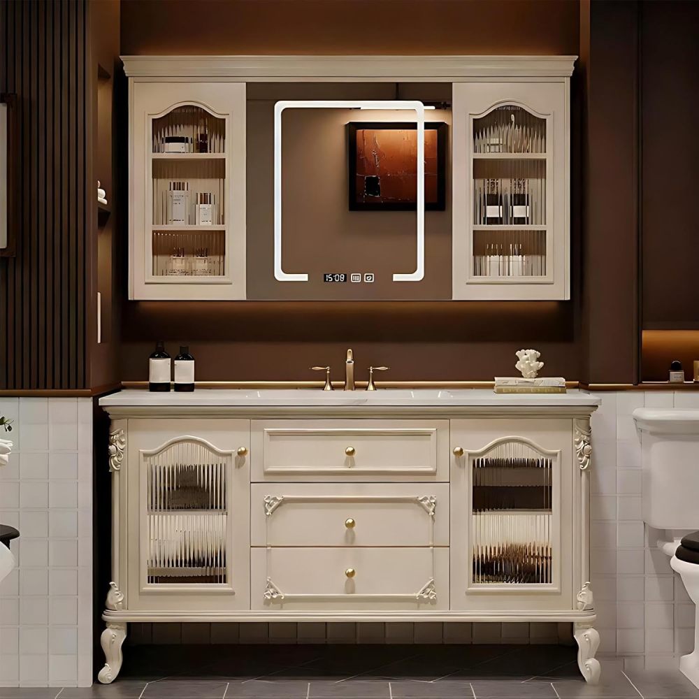 66IN Bathroom Vanity with Sink - Retro Single Sink Vanity with Smart Defog Mirror, Bathroom Sink Cabinet, Multi-Layer Solid Wood, Customizable Sizes - Complete Accessories, White