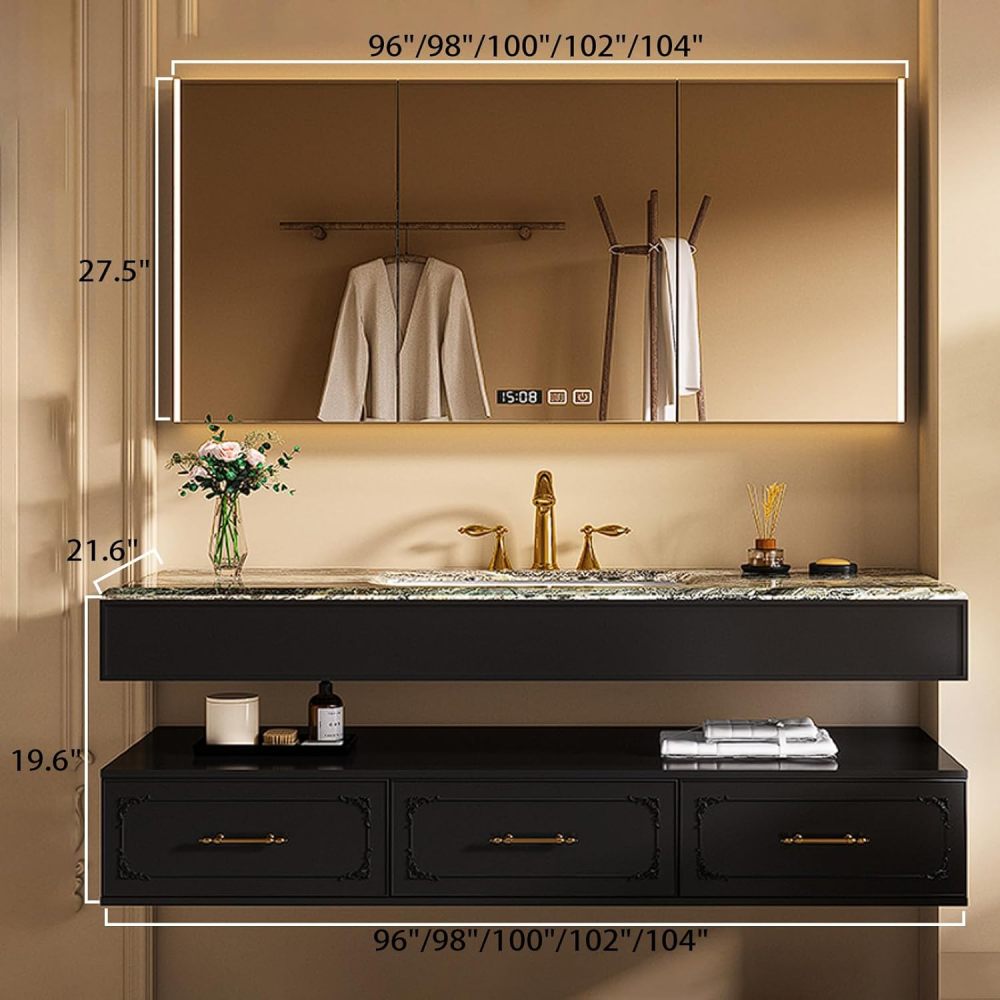 96IN Bathroom Vanity with Sink - Solid Wood Floating Bathroom Vanity, Smart Defrosting Mirror, 3 Storage Drawers Extra Large Storage Space, Customizable Sizes,Black