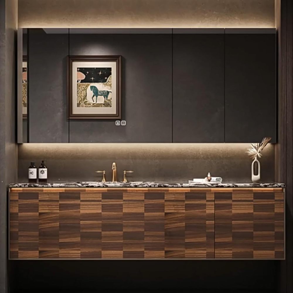 90IN Bathroom Vanity with Sink - Hanging Solid Wood Bathroom Vanity, Smart Defrosting Mirror, Induction Light, Storage Drawer, Customizable Size Brown