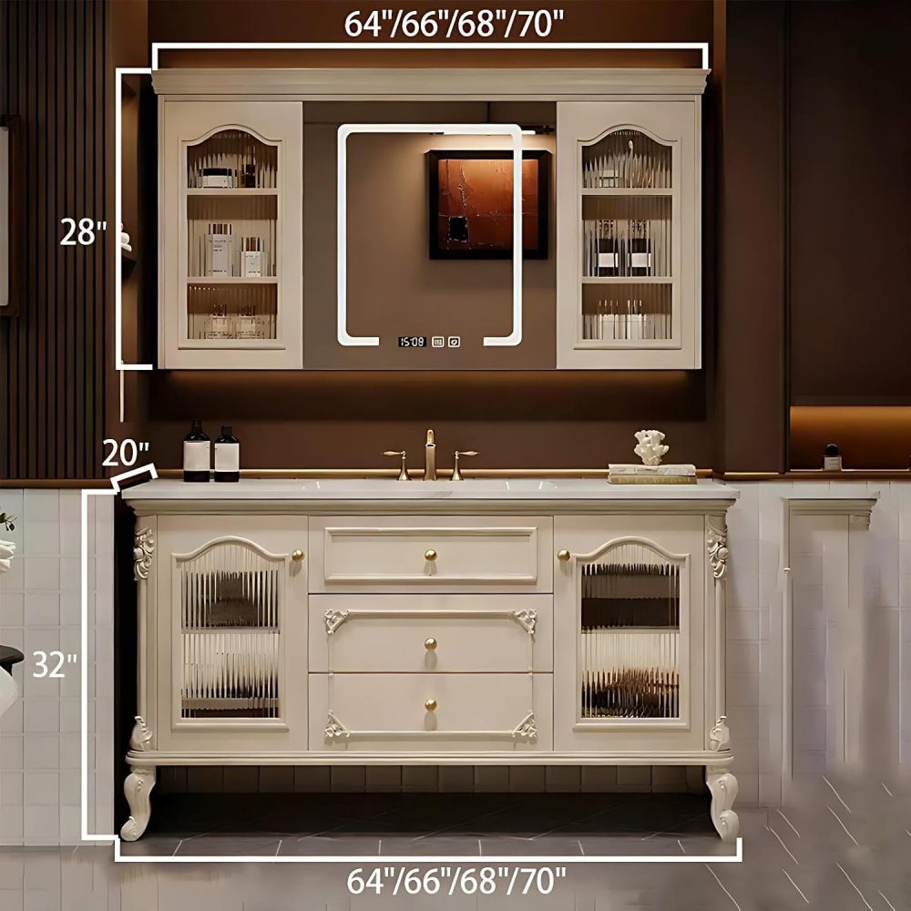66IN Bathroom Vanity with Sink - Retro Single Sink Vanity with Smart Defog Mirror, Bathroom Sink Cabinet, Multi-Layer Solid Wood, Customizable Sizes - Complete Accessories, White