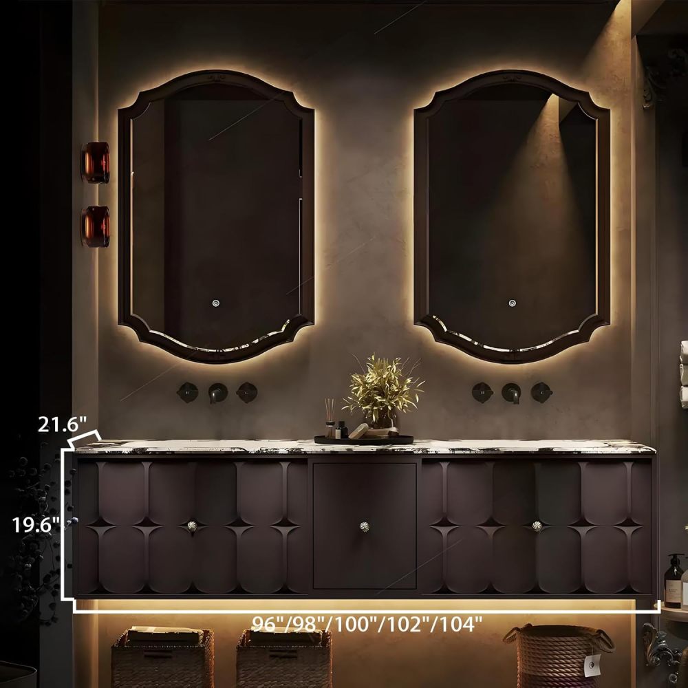 100IN Bathroom Vanity with Sink - Double Vanity Cabinet with Smart Defrosting Mirror, Bathroom Sink Cabinet Double Layer Solid Wood, Custom Size - Complete Accessories Brown