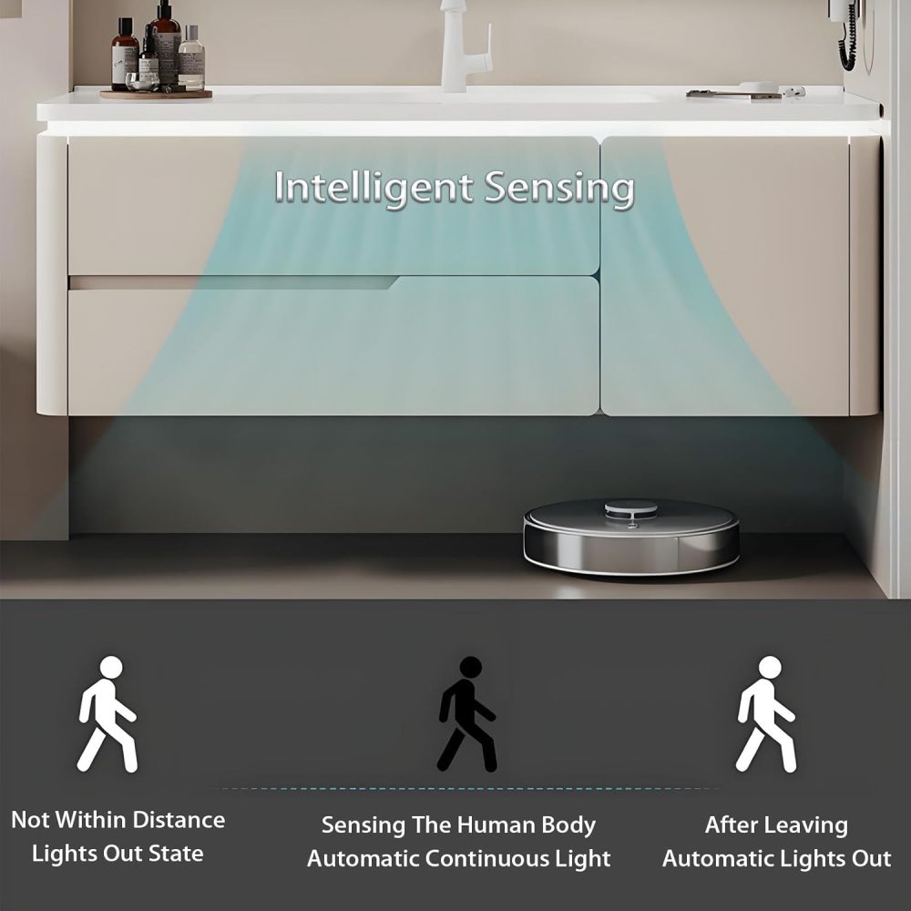 102IN Bathroom Vanity with Sink - Solid Wood Bathroom Sink Cabinet with Sensor Light, Floating Vanity, Smart Anti-Fog Mirror, Customizable Sizes - Complete Accessories Style A