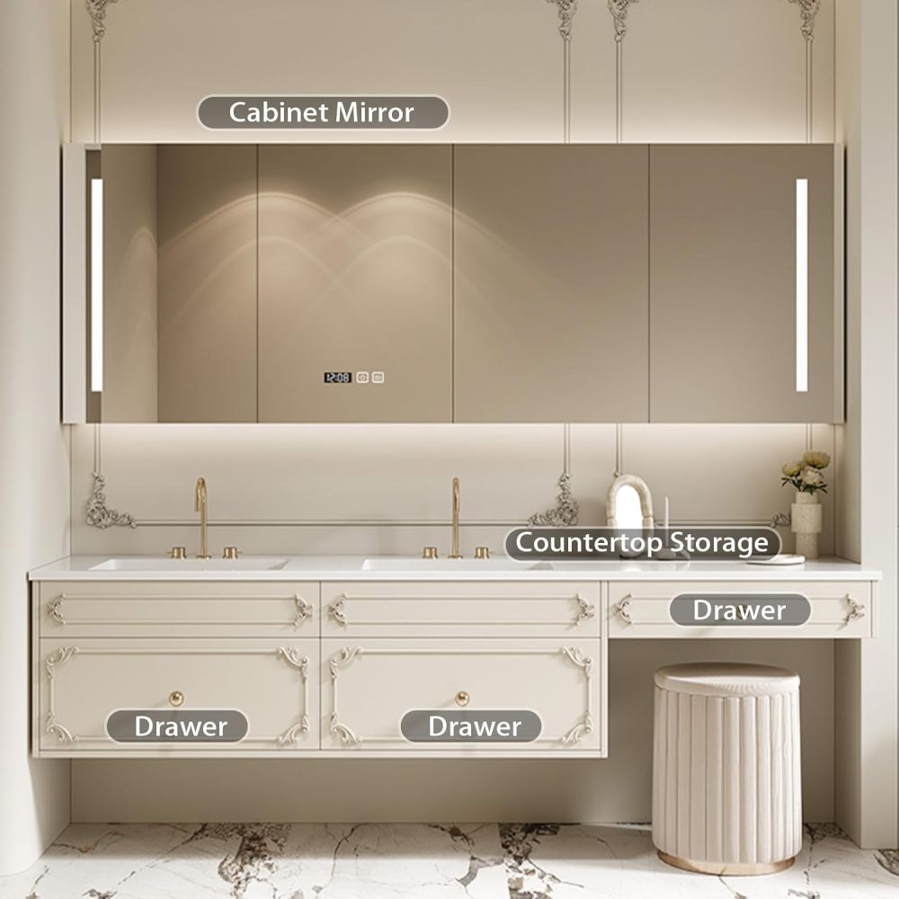 104IN Bathroom Vanity with Sink - Modern Floating Vanity with Makeup Chair, Bathroom Sink Cabinet, Large Storage Space, Solid Wood, Customizable Size - Complete Accessories White