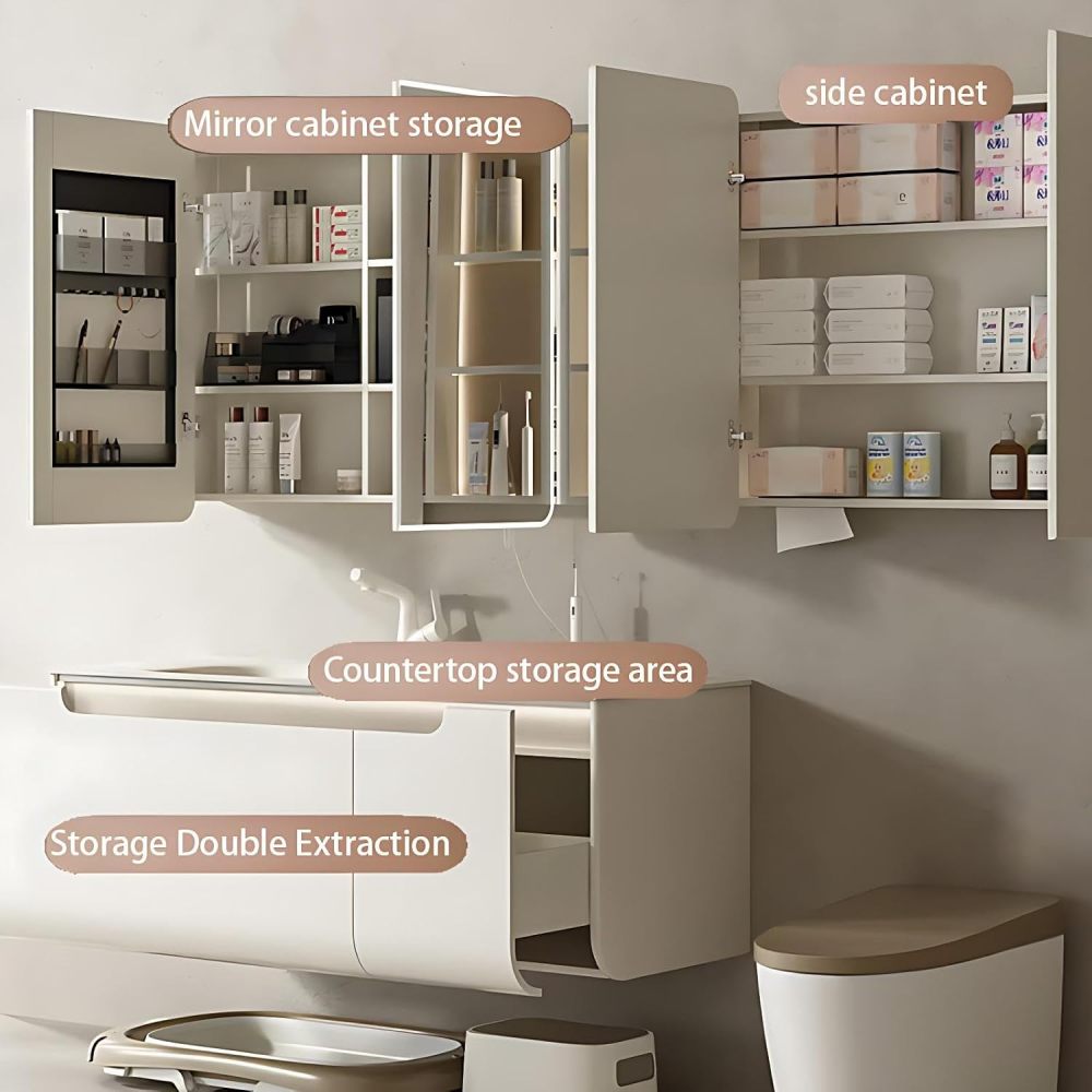 46IN Bathroom Vanity with Sink - Stylish Waterproof Single Floating Sink Design, Bathroom Vanity Cabinet with Smart Defogging Mirror, Custom Size Option - Complete Accessories, White