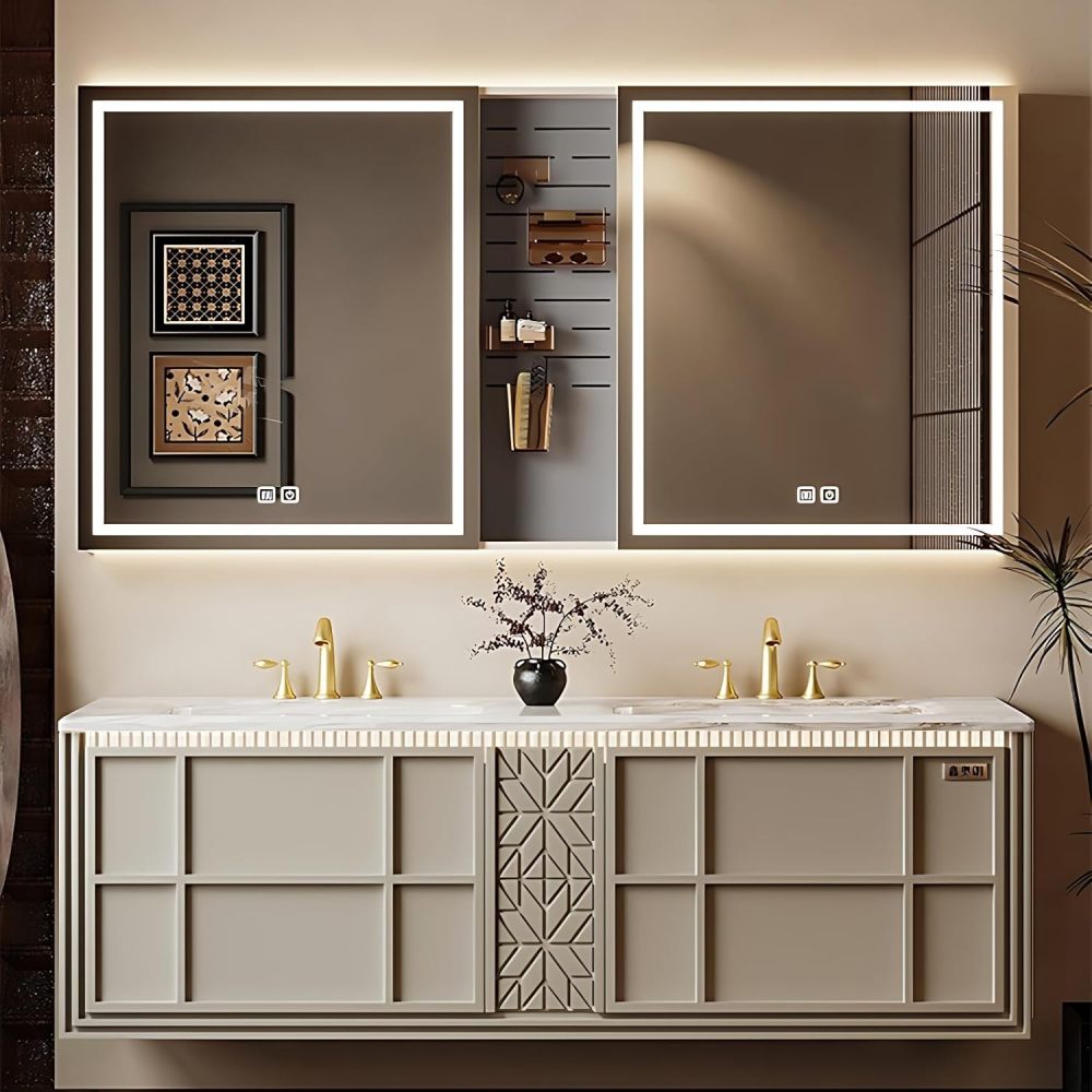 Bathroom Vanity with Sink - Single/Double Sink Vanity, Floating Vanity with Anti-Fog Mirror Cabinet, Wall Mounting Solid Wood Bathroom Sink Cabinet, Ample Storage (Grey, Double Sink, 52")