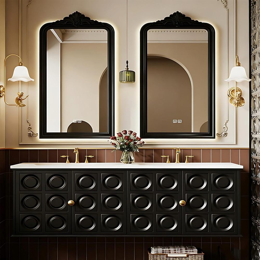 80IN Modern Bathroom Vanity with Sink - Double Bathroom Vanity Cabinet with Smart Defogging Mirror, Floating Sink Design, Multi-Layer Solid Wood - Complete Accessories, Black Mirror