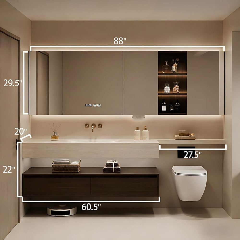 88IN Bathroom Vanity with Sink - Bathroom Vanity Cabinet with Smart Defogging Mirror, Single Floating Sink Design, Moisture-Proof, Custom Size Option - Complete Accessories, Grey