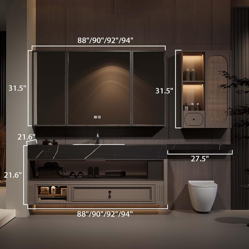 88IN Bathroom Vanity with Sink - Modern Single Bathroom Sink Cabinet, Floating Sink Design, Multi-Layer Solid Wood, Intelligent Defogging, Custom Size - Complete Accessories, Cabinet Mirror