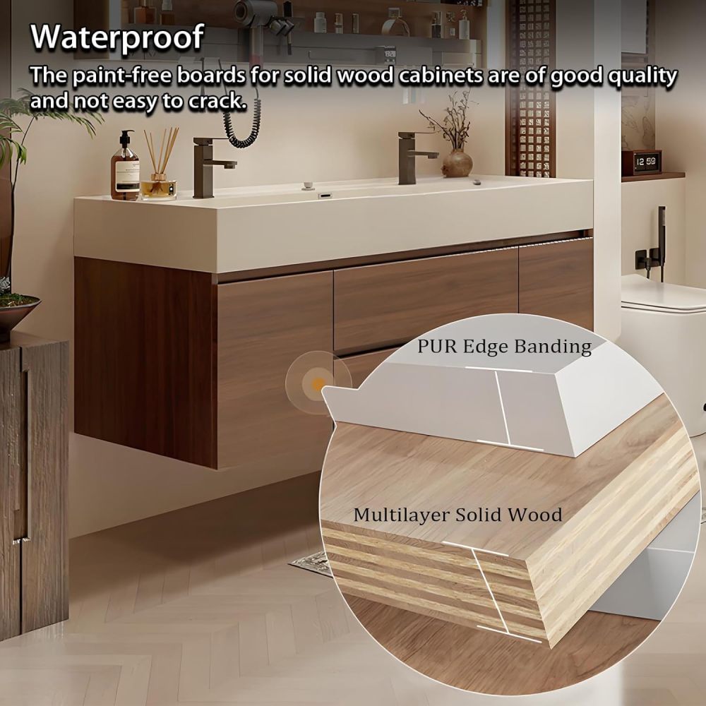 62IN Bathroom Vanity with Sink - Modern Double Vanity with Smart Defrosting Mirror, Bathroom Sink Cabinet, Large Storage Space, Customizable Sizes - Complete Accessories, Brown