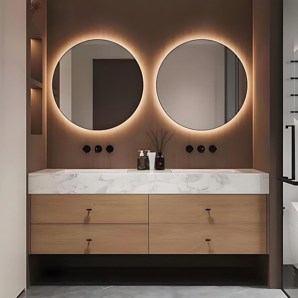 56IN Bathroom Vanity with Sink - Double Floating Sink Design, Bathroom Sink Cabinet with Defogging Effect, Multi-Layer Solid Wood, Customizable Size - Complete Accessories, Brown