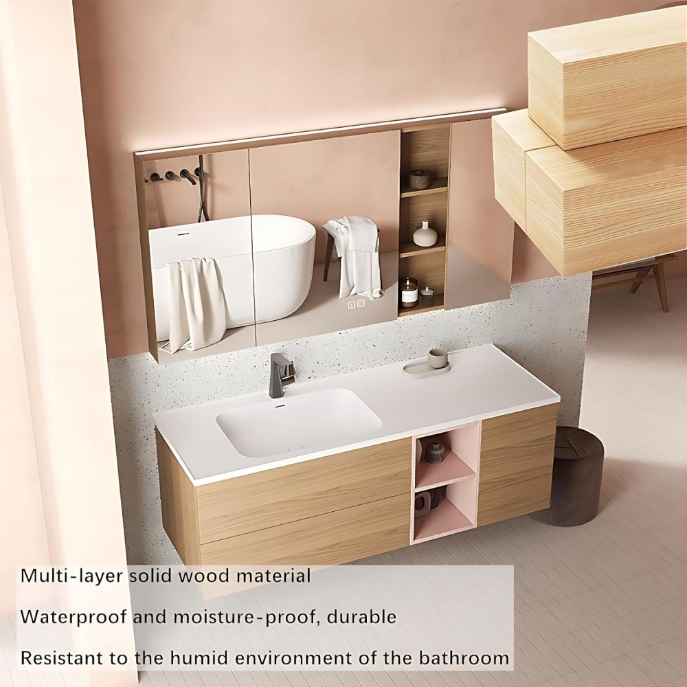 Bathroom Vanity with Sink - Modern Solid Wood Bathroom Sink Cabinet with High-Tech LED Anti-Fog Mirror, Generous Storage, Assembly, Wall-Mounted Floating Vanity (48")