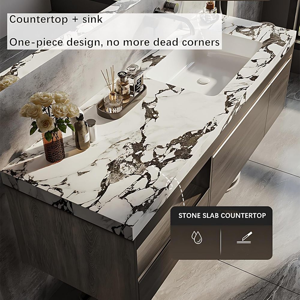 Modern Bathroom Vanity with Sink - Durable Sintered Stone Countertop, LED Anti-Fog Mirror, Solid Wood Bathroom Sink Cabinet, Easy Assembly Floating Vanity with Ample Storage (76")
