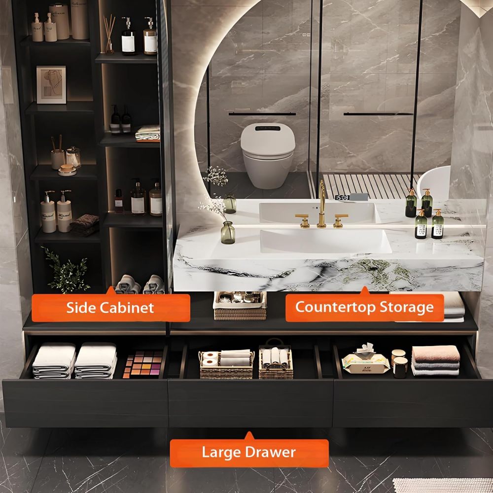 88IN Bathroom Vanity with Sink - Modern Bathroom Sink Cabinet with Smart Anti-Fog Mirror, Floating Vanity, Large Storage Space, Custom Sizes Optional - Complete Accessories Grey