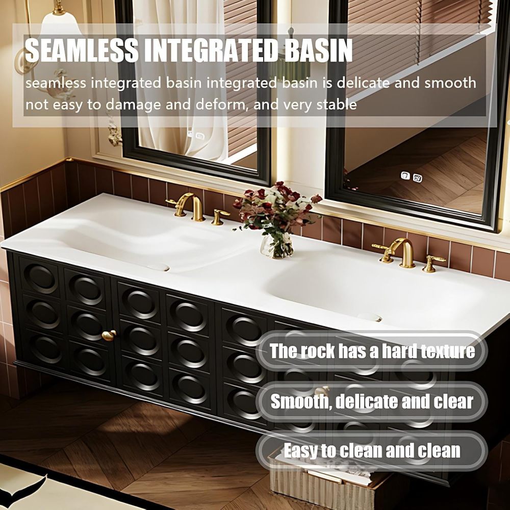 80IN Modern Bathroom Vanity with Sink - Double Bathroom Vanity Cabinet with Smart Defogging Mirror, Floating Sink Design, Multi-Layer Solid Wood - Complete Accessories, Black Mirror