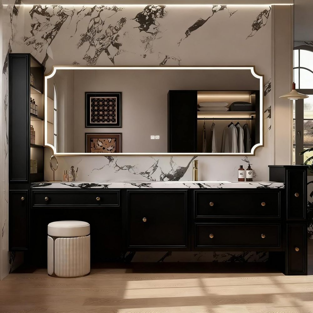 86IN Bathroom Vanity with Sink - Modern Bathroom Sink Cabinet with Makeup Chair, Floating Vanity, Intelligent Defogging, Extra Large Storage Space - Complete Accessories, Black