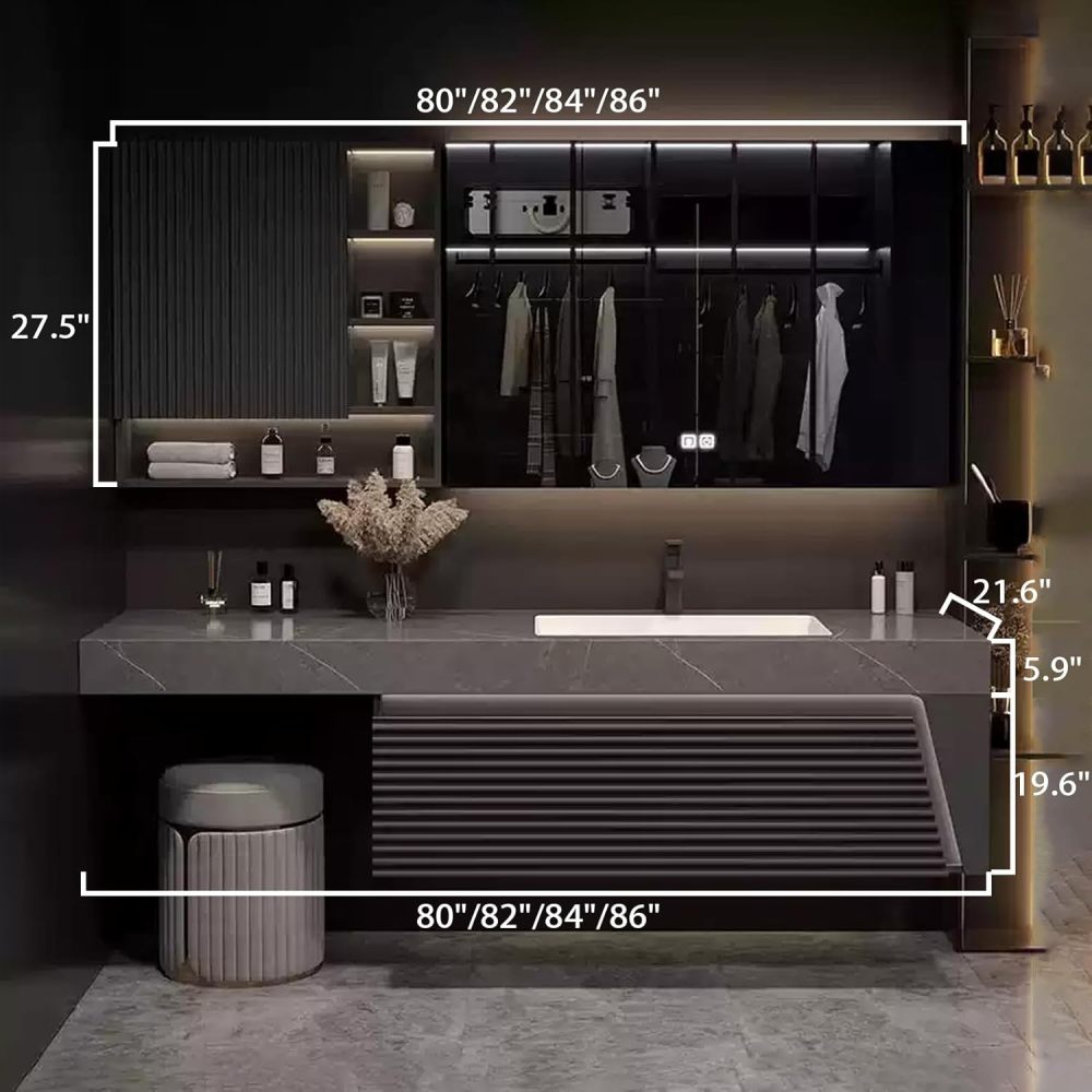 86IN Bathroom Vanity with Sink - Floating Vanity with Makeup Chair, Bathroom Sink Cabinet, Intelligent Defogging, Convenient Storage, Custom Sizes - Complete Accessories Gray