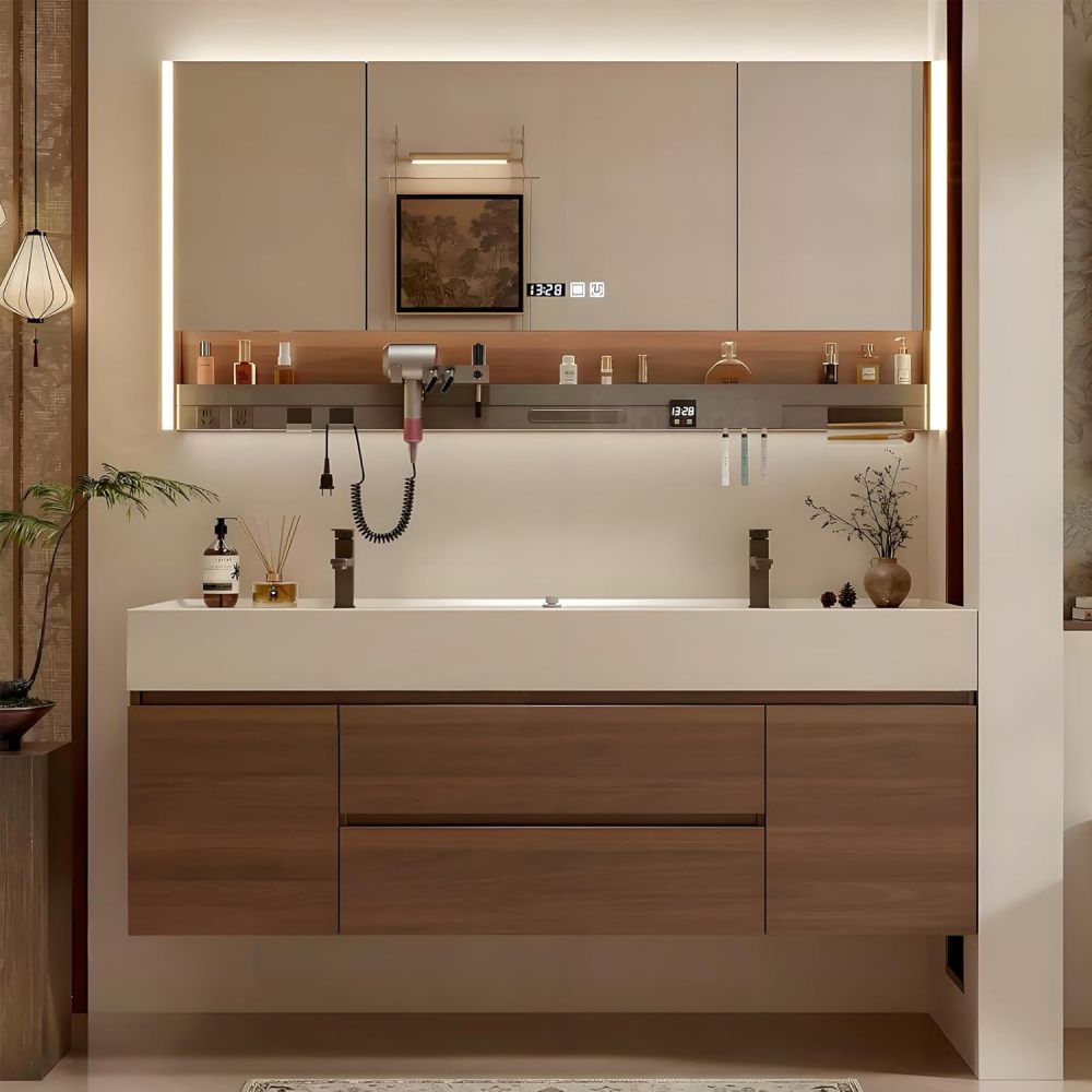 62IN Bathroom Vanity with Sink - Modern Double Vanity with Smart Defrosting Mirror, Bathroom Sink Cabinet, Large Storage Space, Customizable Sizes - Complete Accessories, Brown