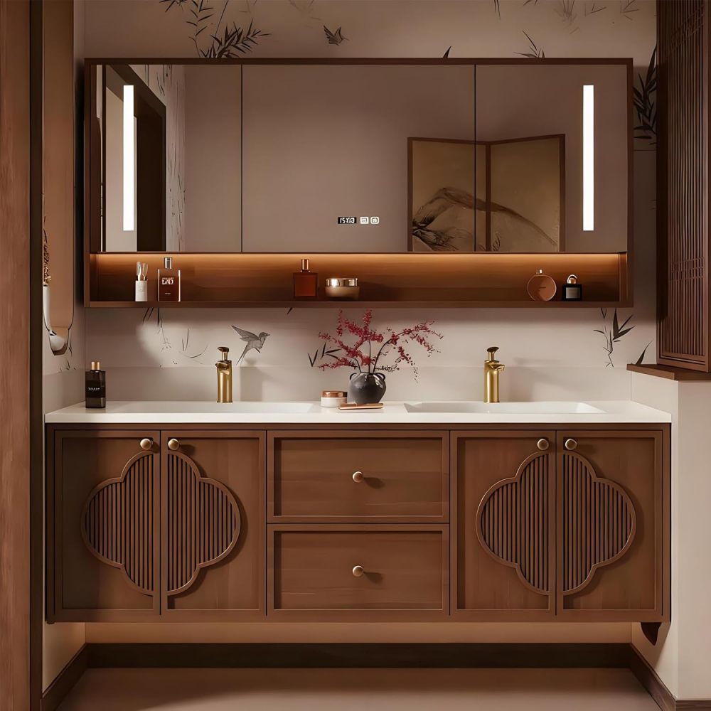 56IN Bathroom Vanity with Sink - Modern Single|Double Sink Vanity with Smart Defogging Mirror, Bathroom Sink Cabinet, Storage Space, Customizable Sizes - Complete Accessories Double Sink