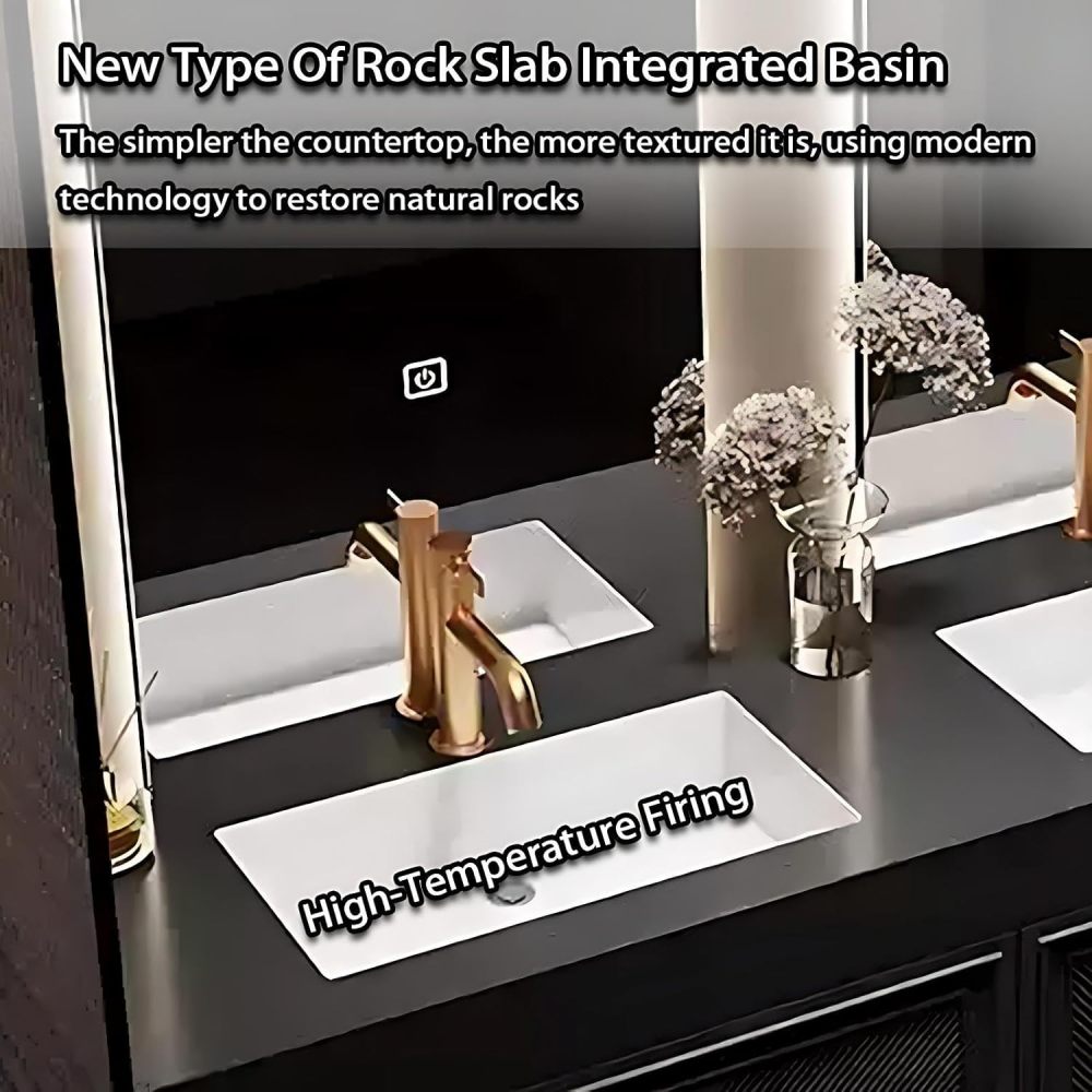66IN Bathroom Vanity with Sink - Bathroom Vanity Cabinet with Smart Anti-Fog Mirror, Double Floating Sink, Multi-Layer Solid Wood, Customizable Size - Complete Accessories, Black