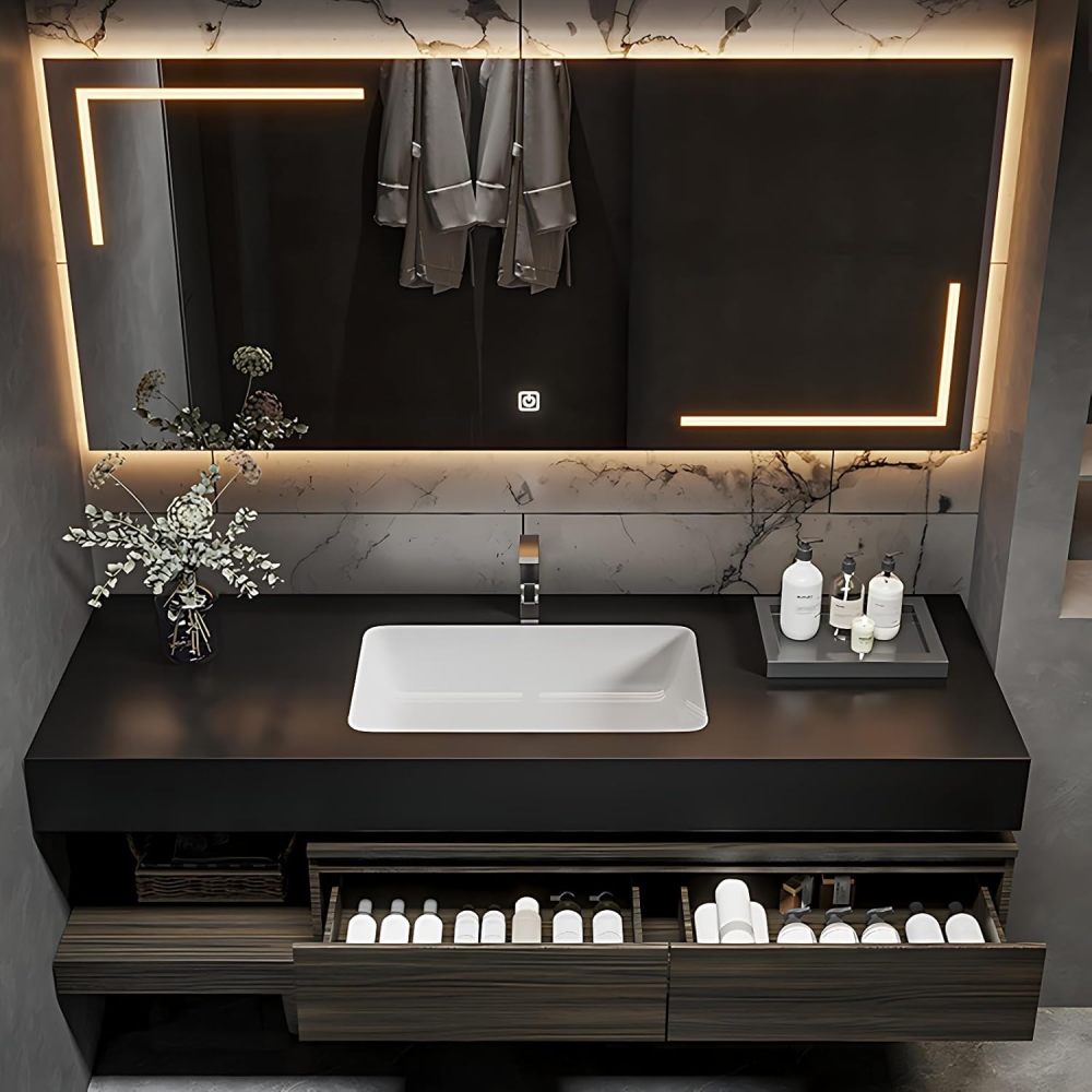 Bathroom Vanity with Sink - Modern Floating Vanity with Sintered Stone Countertop and LED Anti-Fog Mirror, Premium Solid Wood Bathroom Sink Cabinet, Easy Assembly, Ample Storage (84")